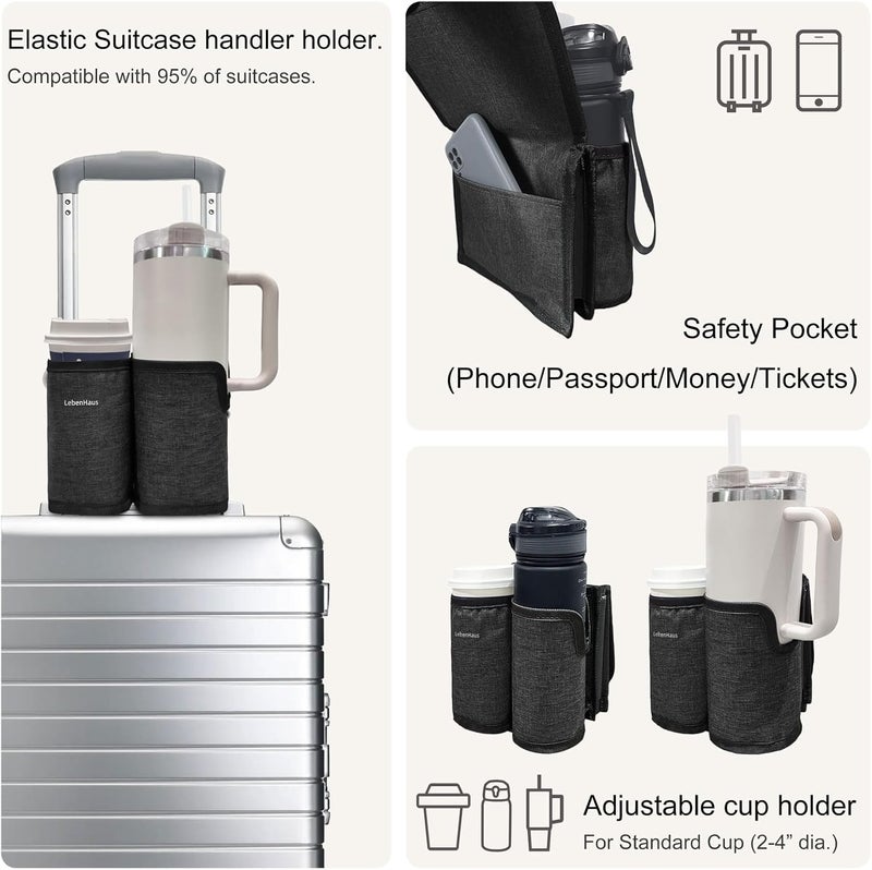 LebenHaus 2 in 1 Luggage Cup Holder for Suitcase|Airplane Tray Table Carry on Hands Free Drink Carrier for Stanley Tumblers Coffee Beverage Organizer Gifts for Travelers (Black) - Image 3